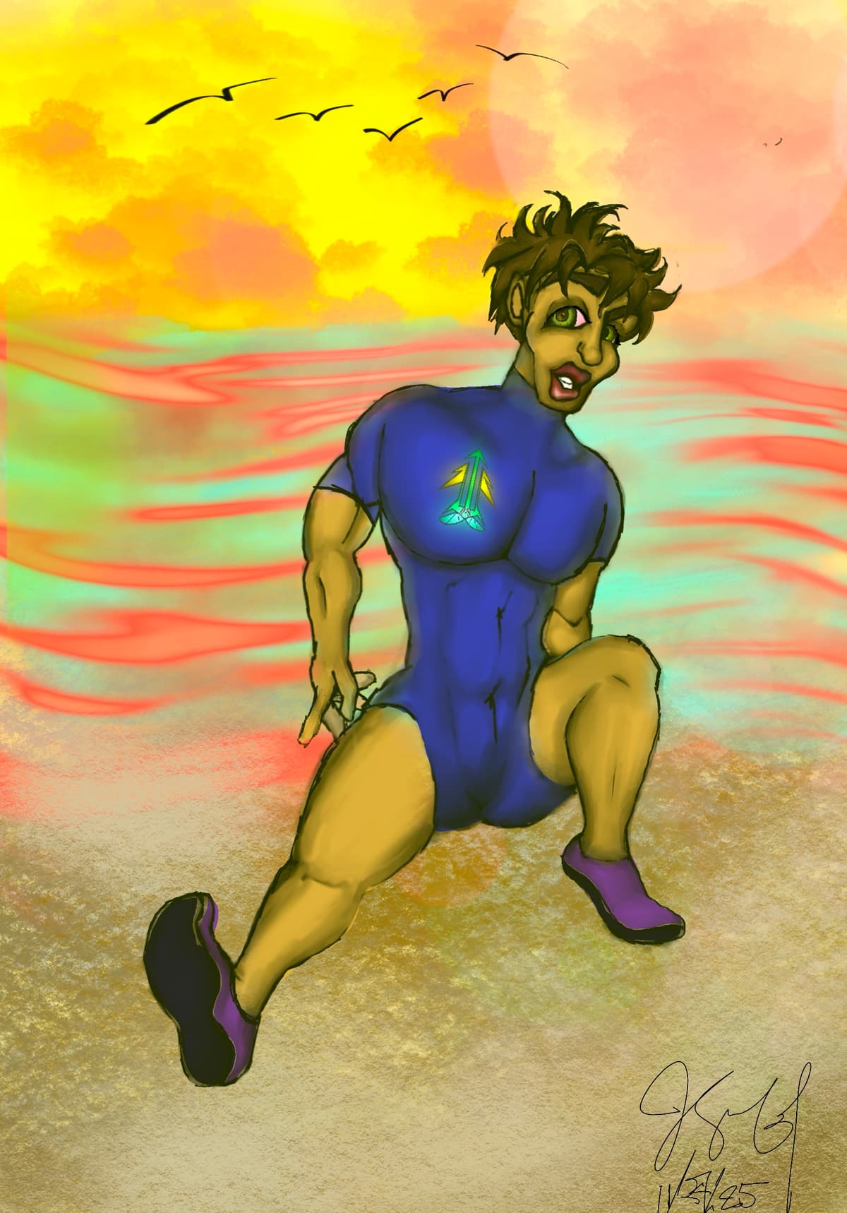 JAB Comics artwork of a hero on the beach at neon sunset