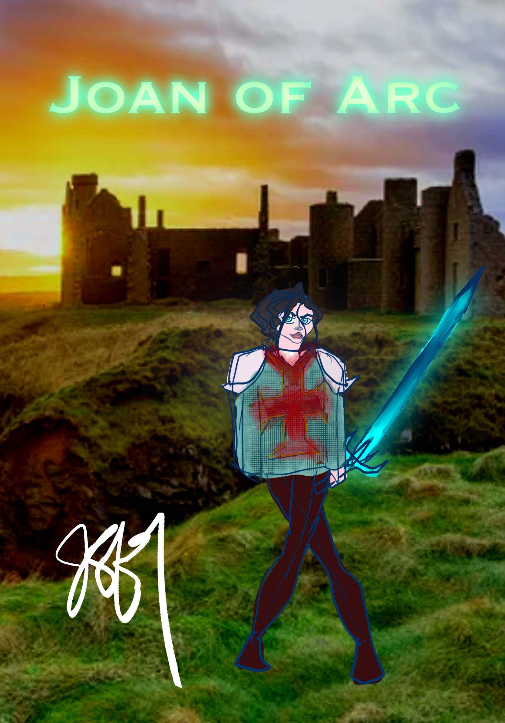 JAB Comics artwork of Joan of Arc holding a glowing blue sword near castle ruins