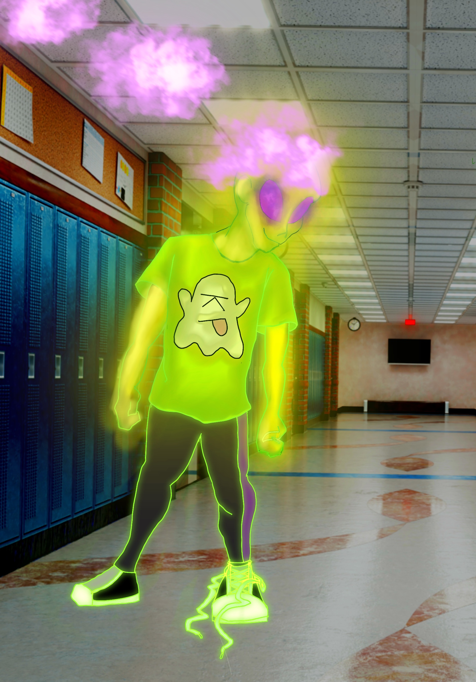JAB Comics artwork of a glowing paranormal kid in a school hallway