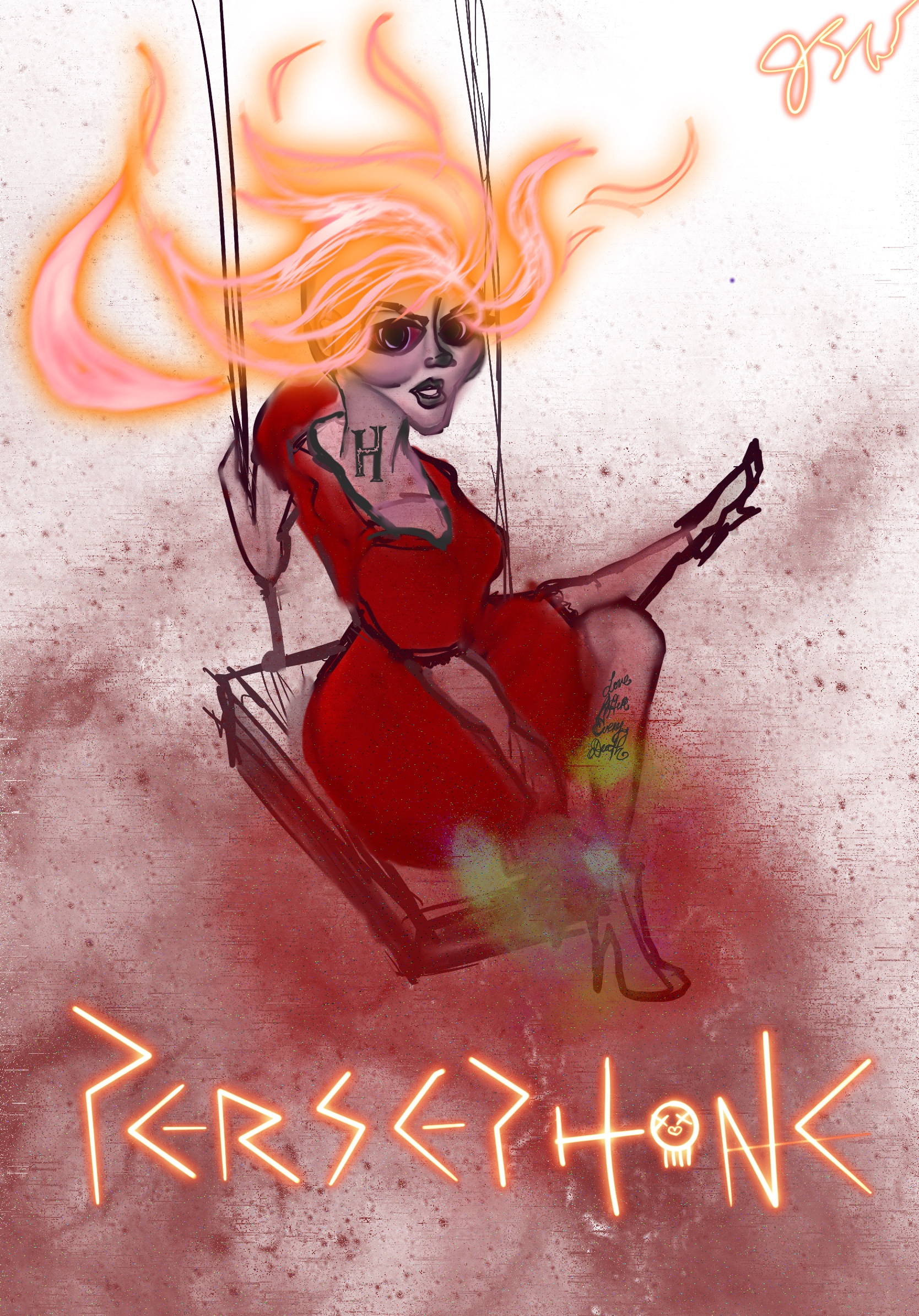 JAB Comics artwork of Persephone swinging with glowing orange hair